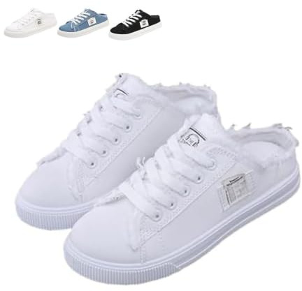Mules en jean à enfiler pour femme, bout rond, lacets en toile, chaussures plates confortables pour une tenue décontractée