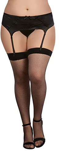 Dreamgirl womens Plus Size Fishnet Thigh High Back Seam Stockings With Bow Detail on Back Hosiery, Black, One Size-X-Large US