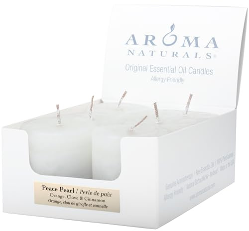 Aroma Naturals Votive Candles with Orange Clove and Cinnamon Essential Oil White Scented, Peace Pearl, 5.5x3.75x2 Inch (Pack of 6)
