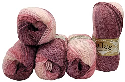 Alize 5 x 100 g Strickwolle Mehrfarbig mit Farbverlauf, 500 Gramm Strickgarn mit 20% Wolle-Anteil (Beere lila rosa 1895)