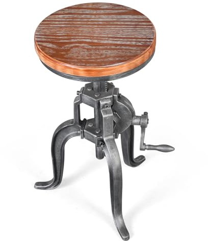 Topower Antique Industrial DIY Crank Stool Cast Iron Three-Legged Chair Bar Stool Wood Top