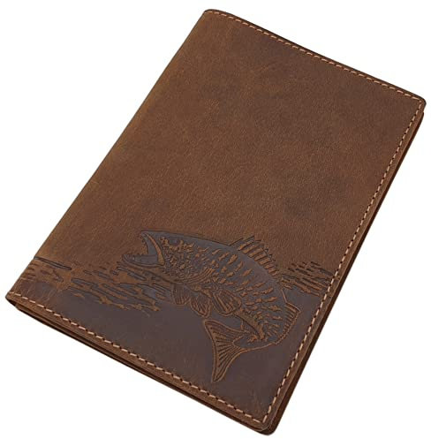 Büffel-Vollleder Ausweismappe mit Hirsch-, Wildschwein- oder Fisch-Motiv für Fahrzeugschein, Schwerbehindertenausweis, Waffenschein, Jagdschein etc. (Fisch-Motiv / Braun)