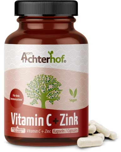 Vitamin-C + Zink 120 Kapseln | hochdosiert mit 310mg Vitamin-C und 10mg Zink | mit natürlichem Vitamin-C aus der Hagebutte | vegan | Immunschutzkombination| vom Achterhof