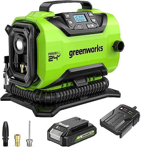 Greenworks 24V Akku Luftkompressor, Auto Reifenfüller, Luftpumpe max. 11 Bar, 2 Stromquellen, Manuell voreingestellter Druck, Auto Shutoff Funktion, mit 2Ah Akku und Ladegerät