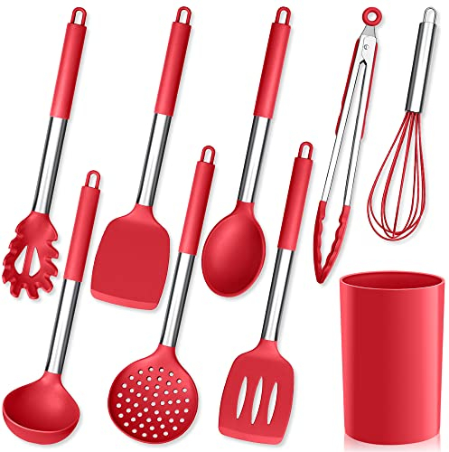 Herogo Juego de utensilios de cocina, 9 unidades, de silicona, con soporte para utensilios, color rojo, con mango de acero inoxidable, resistente al calor y antiadherente
