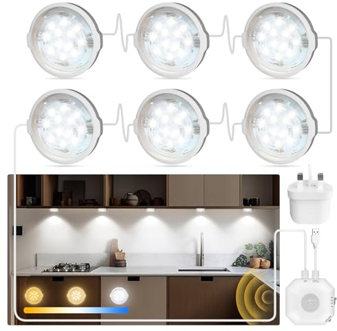 Daymeet Under Cabinet Lights, Motion Sensor Under Cupboard Kitchen Lights 3 Color Mode Led Lighting for Cabinet Cupboard, Closet Counter