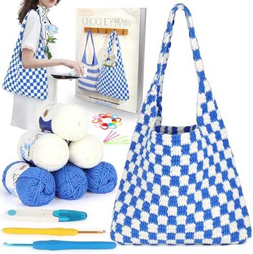Coopay Häkelset für Anfänger, Blau-weiße Schachbrett Tasche Häkelset mit Anleitung, Schritt-für-Schritt-Anleitung Häkel Set Tasche mit Häkelgarn, Häkelnadel, Häkelzubehör, Anfänger Häkelset Geschenk