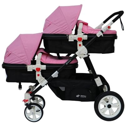 Poussette double/jumelée 2 en 1 blanc et rose pour deux enfants, frères