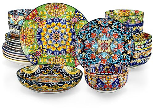 vancasso Juego de Vajilla Boho para 6 Personas, Vajillas Completas Coloridas de Porcelana de 24 Piezas – Incluye 6 Platos Llanos, 6 Platos de Postre, 6 Platos Hondos y 6 Cuencos de Cereales