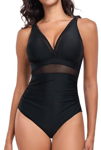 Vevarble Swimming Costume Women Tummy Control One Piece Swimsuit V Neck Swimwear Sexy Bathing Suit (HEI-XL) Black