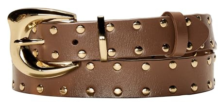 Asaloy Women's Studded Genuine Leather Belts,Adjustable Womens Waist Belts for Jeans Dresses and Pants Punk Belt (Caramel belt gold buckle, Waist circumference 27-36 inches)