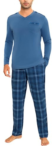 Litherday Pijama Hombre Invierno Manga Larga 2 Piezas Ropa de Dormir | Conjunto de Pijama Hombre Algodón Camiseta con Bolsillos y Largo Pantalones de Pijama Ropa de Dormir de 2 Pieza