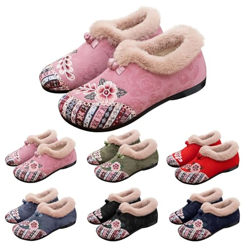 Stövletter dam fodrade eleganta – ankelstövlar dam platta halkfria vinterstövlar slip-on vinterskor blommotiv bomullskängor bekväma damstövlar korta stövlar