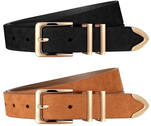 XZQTIVE 2 Pack Women Suede Belts For Jeans Dresses Pants Ladies Fashion Leather Waist Belt with Gold Buckle