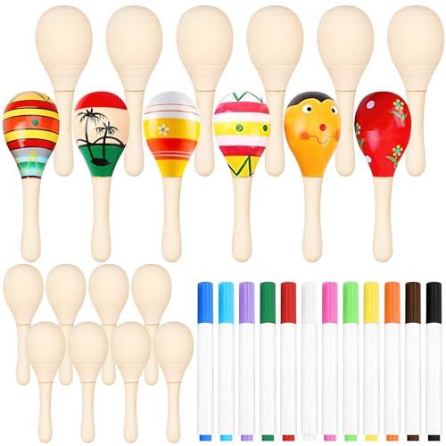 20 Pack DIY Wooden Maracas, Unfinished Kids Fiesta Mexican Maracas, Paintable Musical Maracas with 12 Colour Markers for Classroom Crafts Birthday Party Favor (11.5 x 3.8 cm)