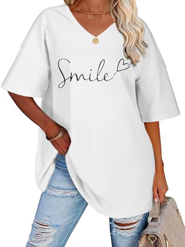 TOMEEK T Shirt Femme Été Col en V Manches Courtes T-Shirts Coton Imprimé Tee Grande Taille T-Shirt Femme Oversize Hauts Tops
