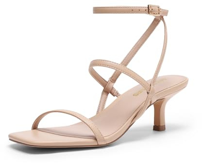 DREAM PAIRS Kitten Heels for Women, Strappy Square Open Toe Ankle Buckle Heeled Sandals Wedding Party Dress Shoes,Size 6,Nude,SDHS26004W
