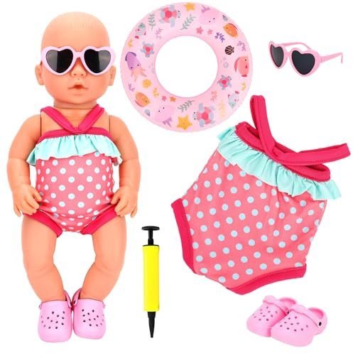 Traje de Baño para Muñecas, Conjunto de Natación para Muñecas con Bañadores Muñecas, Anillo de Natación, Gafas de Sol, Pantuflas, Bomba Sire, Ropa para Muñecos 35-45 cm