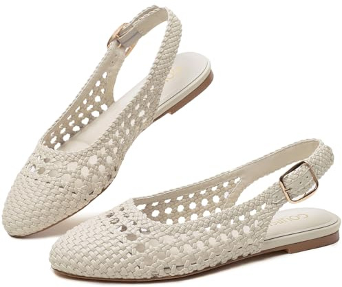 GOUPSKY Woven Ballet Flats Mary Jane Shoes Women Mesh Ballerina Flats Dressy Round Closed Toe Spring Summer Shoes Casual, Milk-02, 6 UK
