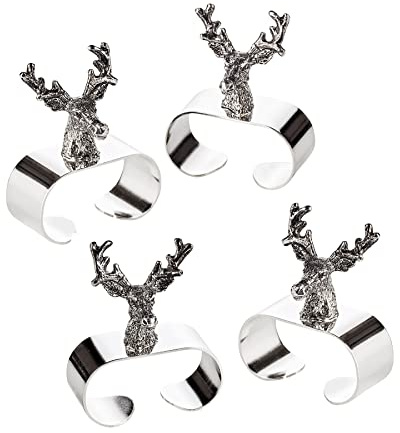 EDZARD 4er Set Serviettenring Hirsch, edel versilbert, Länge 5 cm - Ring für Stoffservietten, Tischdekoration, Tafelaccessoires