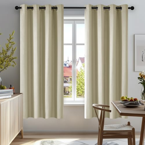 Deconovo Super Soft Ring Top Thermal Insulated Room Darkening Curtains for Bedroom Eyelet 55x69 Inch 2 Panels Beige
