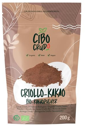 CiboCrudo Cacao in Polvere- 200gr - Cacao Amaro in Polvere, Cacao Powder, Biologico Naturale e Puro al 100%, Fave di Cacao Crudo Criollo, Ricco di Minerali e Vitamine
