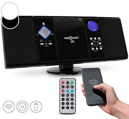 oneConcept V-12-BT - Equipo de Musica, Minicadenas estéreo para casa, CD y MP3, Radio FM/Am, USB, SD, Entrada AUX, Mando Distancia, Pantalla LCD, Despertador, Reloj, Montaje en Pared, Negro