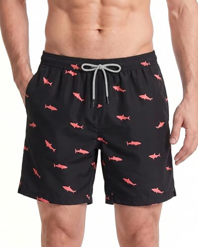 MaaMgic Homme Short de Bains Maillot de Bain avec Filet Style Tropical Voyage Pants Court de Sport Séchage Vite Bien pour Vacance a la Plage, Noir Requin, XX-Large(tour de taille:99~104cm)