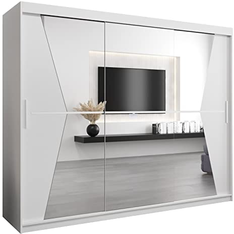 MEBLE KRYSPOL Maroko 250 Schlafzimmerschrank mit DREI Schiebetüren, Spiegel, Kleiderstange und Regalen – 250x200x62cm - Mattweiß