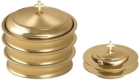 Communion Ware 3 Holy Wine serveringsbrickor med ett lock och 2 stapla brödtallrikar med ett lock – rostfritt stål (mässing/guldglansig)