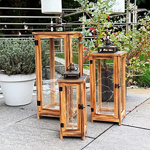 Lot de 3 lanternes de jardin design XXL en bois massif - 13 x 13 x 31 cm + 18 x 18 x 51 cm + 23 x 26 x 67 cm avec toit en métal