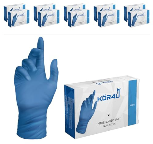 kör4u Nitrilhandschuhe, 1000 Stück, puderfrei, latexfrei, Einweghandschuhe, Einmalhandschuhe, Lebensmittelhandschuhe (Blau, L)