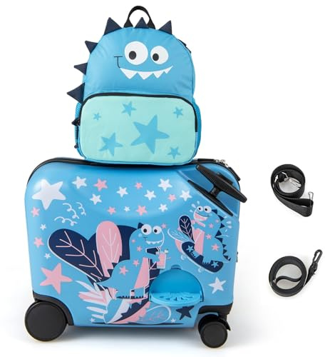 COSTWAY Juego de Maleta Infantil para Niños, Equipaje de Viaje con Ruedas Giratorias, 18” Maleta y 12” Mochila, Maletas Infantiles Cabina Trolley con Correa de Transporte (Dinosaurio, Azul)