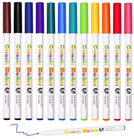 NYGGTYK Lot de 12 stylos en céramique, marqueurs en céramique, stylos en porcelaine de verre, stylos de peinture en céramique, peinture acrylique, gobelets de peinture lavables au lave-vaisselle,