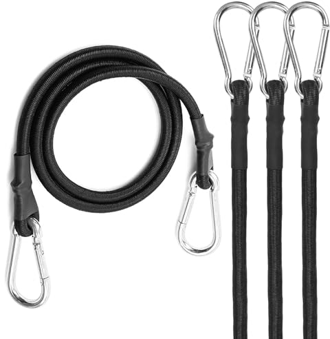 LangRay Corde Elastiche con Gancio, Cinghie di Fissaggio con Moschettone, Tenditori di Fissaggio Corda Elastica per Teloni Trasporto Bagagli Moto Bici, Nero (4pcs 100cm)