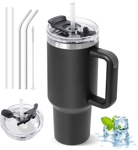 ZAKVOP Taza Termo cafe para Llevar, Taza Termica 1200ml con Tapa y Pajitas, Vaso Termico con Asa, Tumbler para Frío y Caliente, Travel Mug con Tapa Multifunción (Negro)