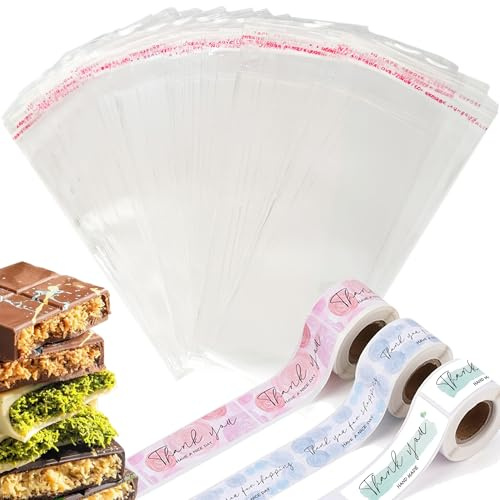 360PCS Chocolate Bar Wrappers Set Includes 180pcs 2.4 * 7inches Chocolate Bar Packaging Bags and 180pcs Thank You Stickers Self Adhesive Plastic Chocolate Wrappers for Homemade Chocolate Candy