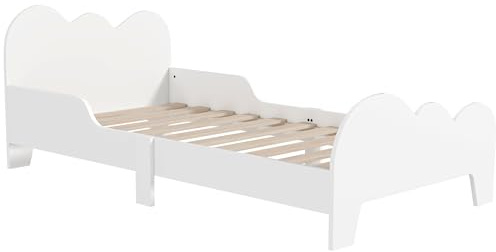 AIYAPLAY Lit Enfant lit au Sol Enfant 70x140 cm avec barrière de sécurité, sommier à Lattes Inclus et décorations de Nuage, Cadre de lit pour garçons et Filles de 3 à 8 Ans - Blanc
