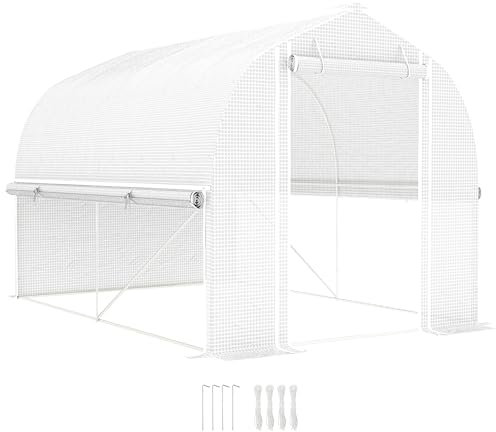Outsunny Gewächshaus 3 x 2 x 2 m Foliengewächshaus mit 4 Fenster & Tür, Aufrollbar Seitenwänden, UV-beständiger Folientunnel Tomatenhaus mit verzinkten Stahlrahmen, Weiß