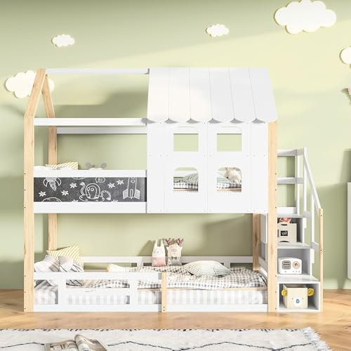 VixorLuilith Kinderbett Etagenbett 90x200 cm, Hausbett für 2 Kinder, Hochbett mit Zeichenbrett, Stauraumtreppe, Lattenrost und Rausfallschutz, Baumhaus Bett mit Fenster und Dach, Ohne Matratze