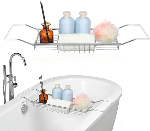 BESTOYARD Plateau de baignoire extensible en acier inoxydable Étagère de rangement polyvalente pour tablettes Plateau de douche Étagère de baignoire