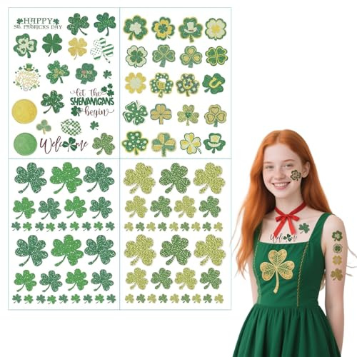 Tatuajes de trébol para San Patricio - 100 unidades, 4 hojas, diseños variados Pegatinas de Tatuajes Temporales del día decoración Disfraz Accesorios, Regalos para Fiestas irlandés, Carnival