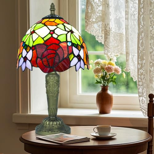 Ppbmocw Small Tiffany Style Lamp,Stained Glass Table Lamp for Living Room,Bedside,Reading,8 inch Vintage Mini Desk Light Included 3 Color Temperatures E27 Bulb (Rose No. 1)