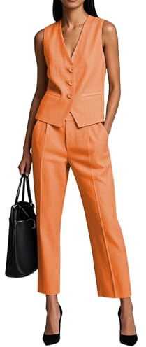 Botong Conjunto de 2 piezas para mujer, chaleco sin mangas, pantalones de pierna ancha, chaleco recortado, traje de esmoquin para mujer, naranja, XL