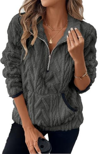 Crsiphee Women's Sherpa Fleece Pullover Half Zip Plush Teddy Fleece Sweatshirt with Pockets Cozy Oversized Winter Outwear for Fall and Winter 2026 Grey M