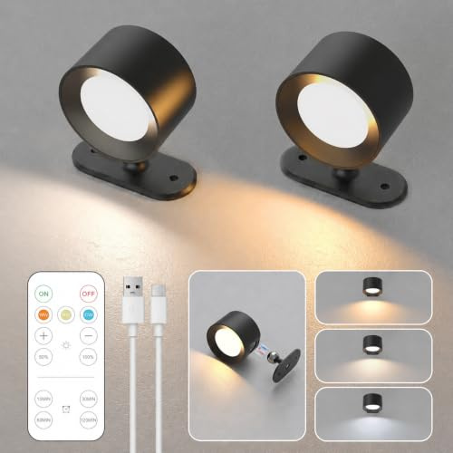 LOHAS Rechargeable Wall Lights Indoor, 2000mAh Stick On Wall Lights 2 Pack | 360° Rotating Wireless Wall Sconces with Remote, 3CCT & Dimmable, Wall Lamp for Living Room Corridor Stairs, Black