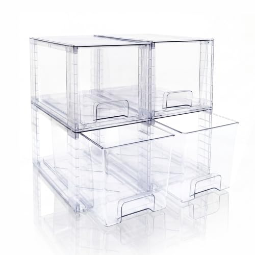 XWYWX 4 Tiroirs De Rangement Empilables Moyens, Organisateurs En Acrylique Clair Avec Poignées, Faciles À Assembler Pour Salle De Bain, Cuisine, Sous-Évier, Placard, Maquillage, Garde-Manger