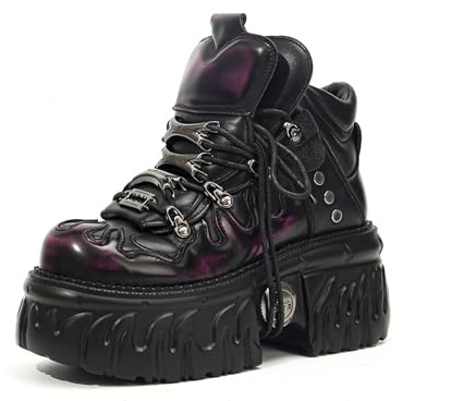 Songella Botas Góticas con Plataforma para Mujer, Botines Punk Rock con Cordones, Diseño de Llamas con Decoración de Metal Suela Chunky