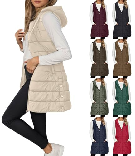 Chaleco Mujer Largo Invierno Chaleco Acolchado Mujer de Plumas Chaquetas Largo sin Mangas Algodón Chalecos Largos Casual Moda Abrigo De Invierno TermicoParka Cálido con Bolsillos (01-a-Beige, M)