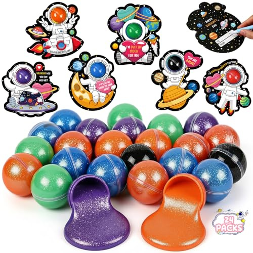 Seenelling 24 Pack Kids Valentines Day Gifts for Galaxy Clay Putty Ball Kits with Greeting Cards Space-themed Party Favors for Boy Girl Gift Exchange & Classroom Rewards(Multicolor)